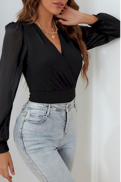 Black Solid Color V-Neck Wrap Bodysuit with Mesh Sleeves