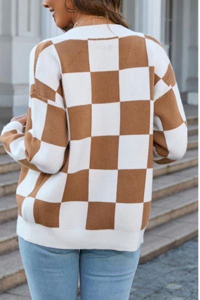 Load image into Gallery viewer, Elevate Your Everyday Style with the V-Neck Checkered Knitted Sweater
