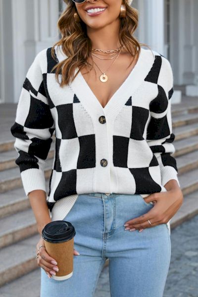 Load image into Gallery viewer, Elevate Your Everyday Style with the V-Neck Checkered Knitted Sweater
