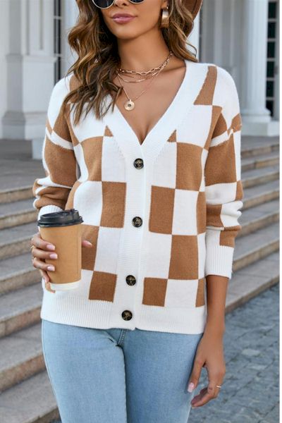 Load image into Gallery viewer, Elevate Your Everyday Style with the V-Neck Checkered Knitted Sweater
