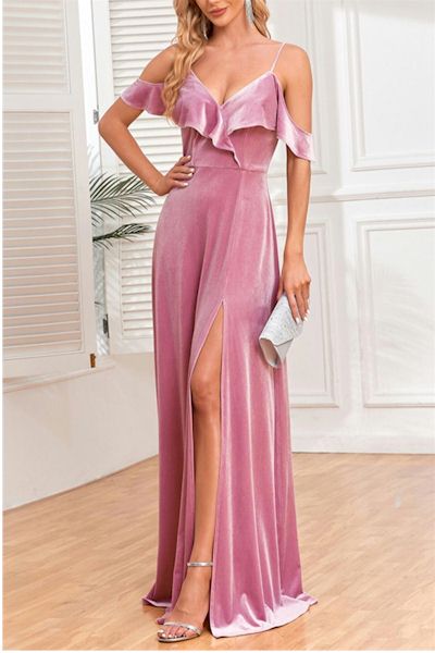 Captivate the Night: Luxurious Non-Stretch Velvet Dress with High Slit