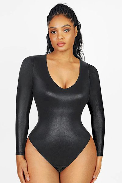 Load image into Gallery viewer, Effortless Elegance: Tightening Faux Leather Bodysuit for Fitness Enthusiasts
