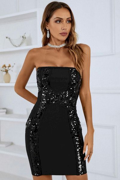 Load image into Gallery viewer, Sublime Sequin Sophistication: Strapless Luxury Mini Dress
