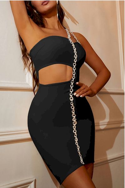 Make a Glamorous Entrance in Our One-Shoulder Rhinestone Chain Mini Dress