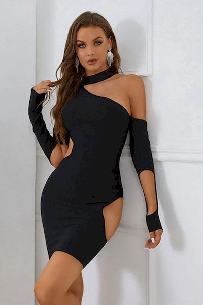 Load image into Gallery viewer, Effortless Glamour: Stylish Long-Sleeve Mini Dress with High Stretch
