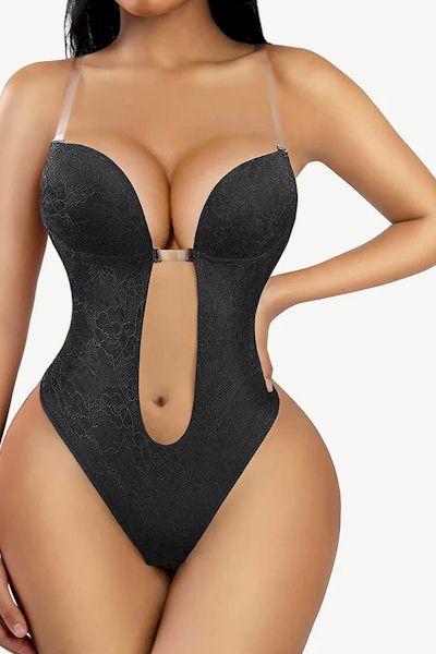 Elegance and Allure: Deep V-neck Lace Thong Bodysuit for Confident Seduction