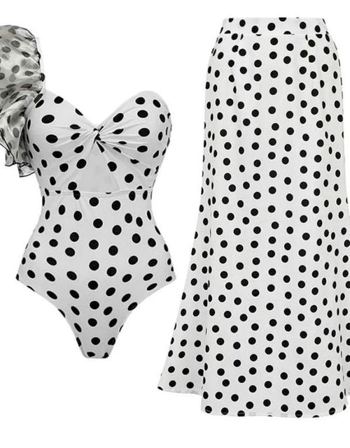 Load image into Gallery viewer, Polka Dot Perfection Hollow Ruffle One-Piece Swimsuit &amp; Skirt Ensemble
