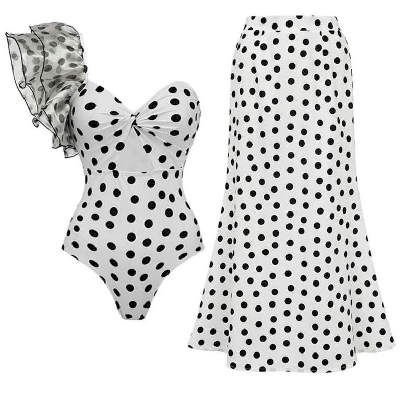 Polka Dot Perfection Hollow Ruffle One-Piece Swimsuit & Skirt Ensemble