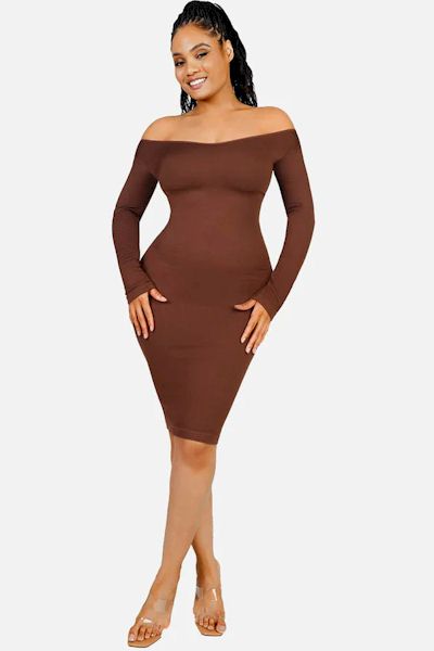 Load image into Gallery viewer, Shape &amp; Shine: Sleek V Neck Long Sleeve Shaper Dress for Ultimate Confidence
