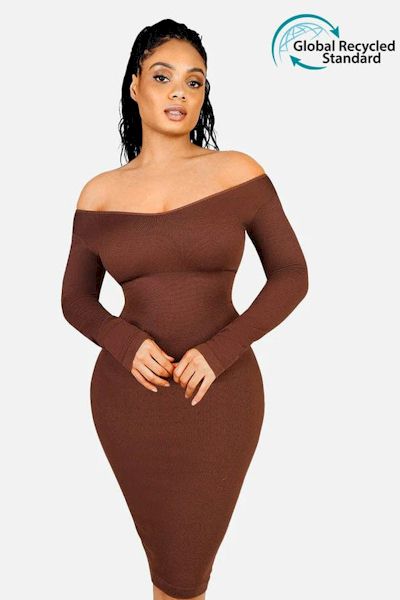 Shape & Shine: Sleek V Neck Long Sleeve Shaper Dress for Ultimate Confidence