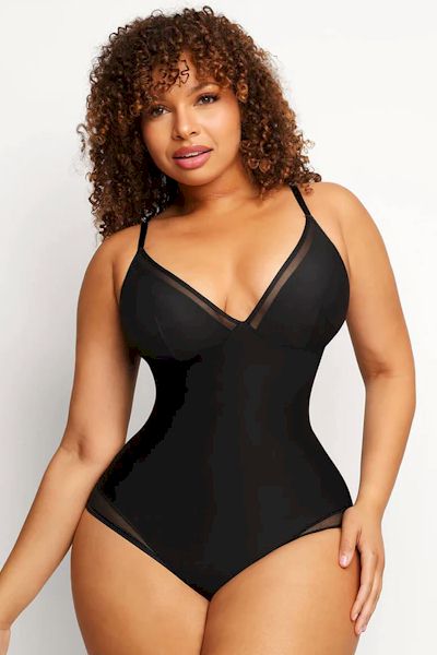 LIGHT SUPPORT - Maximum Coverage Bodysuit Shapewear: V-Neck, Creative Design, and Smooth Lines