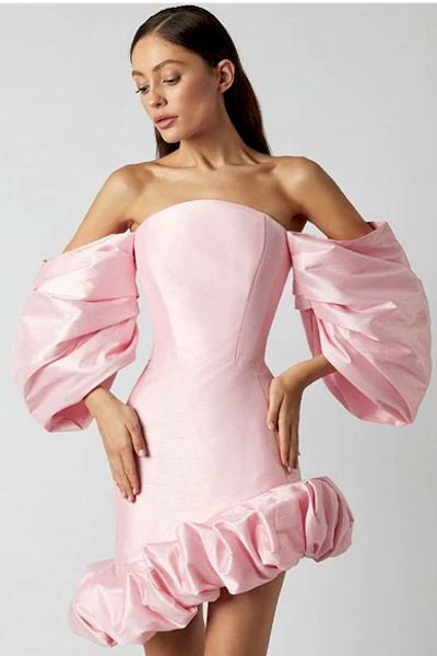 Radiate Luxury: Solid Pink Mini Dress with Lantern Sleeves