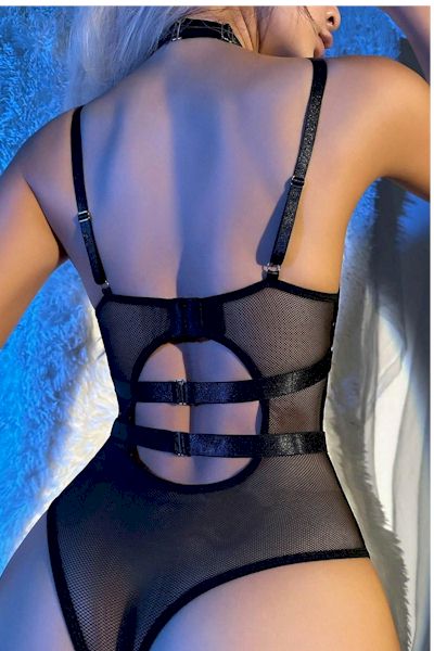 Load image into Gallery viewer, Seduction Redefined: Slight Stretch Mesh and Vegan Leather-Look Teddy&quot;
