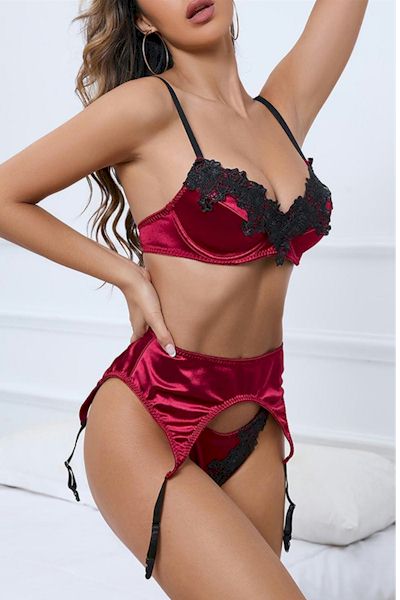 Load image into Gallery viewer, Sophisticated Red and Black Lace Trim Stretch Garter Three-Piece Set
