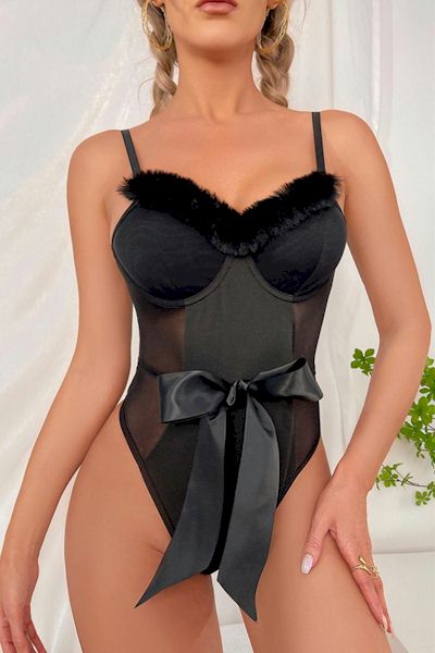 Load image into Gallery viewer, Alluring Black Plush Trim Bow Teddy Lingerie to Make You the Star of the Show
