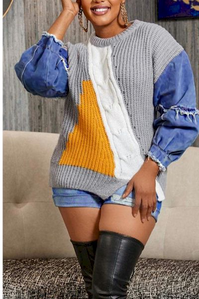 Load image into Gallery viewer, Fashion Daredevil: Denim Patchwork Contrast Knit Sweater
