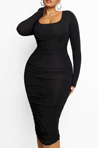 Hourglass Elegance: Square-Neck Long-Sleeve Shaper Dress with Waist Lace