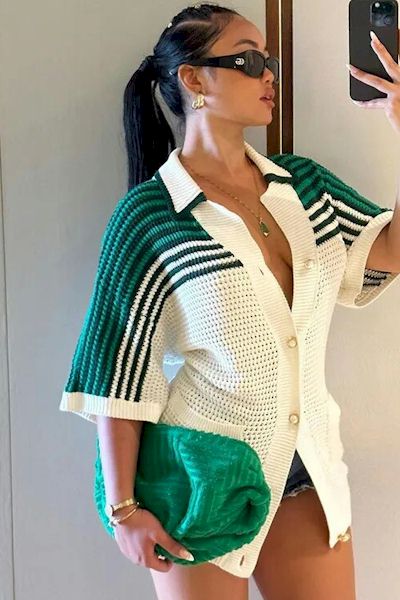 Load image into Gallery viewer, Effortless Chic: Slight Stretch Striped Knitted Short Sleeve Sweater
