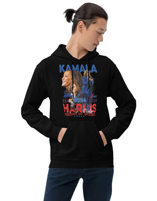 Load image into Gallery viewer, Kamala Harris - A Woman of Action Unisex Hoodie
