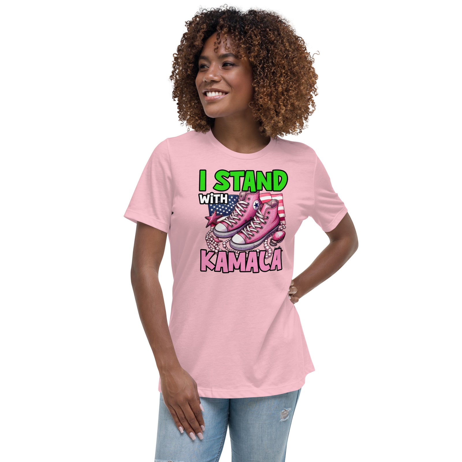 I'm with Kamala - Pink and Green Women's Relaxed T-Shirt