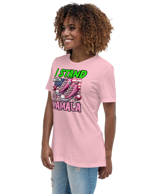 Load image into Gallery viewer, I&#39;m with Kamala - Pink and Green Women&#39;s Relaxed T-Shirt
