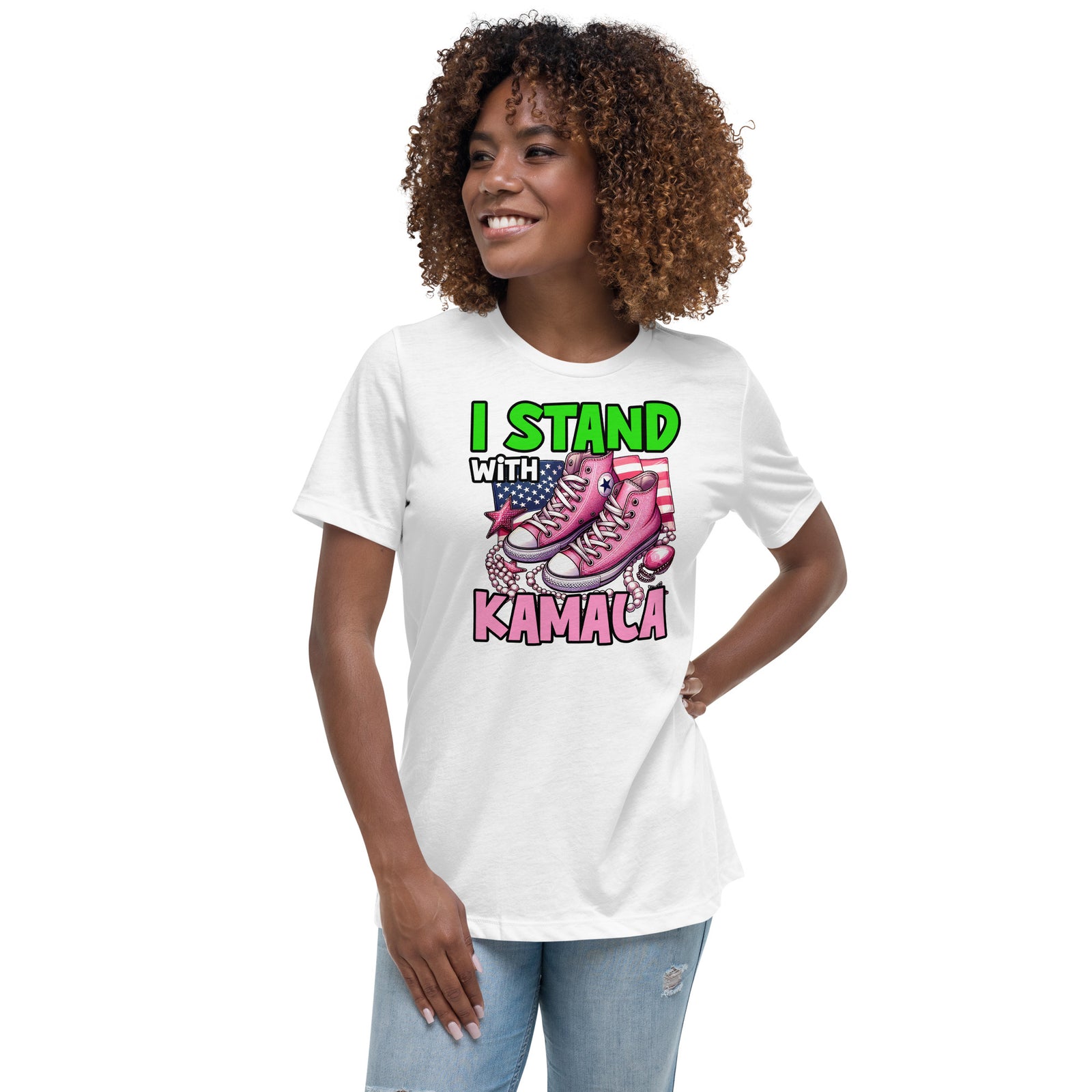 I'm with Kamala - Pink and Green Women's Relaxed T-Shirt