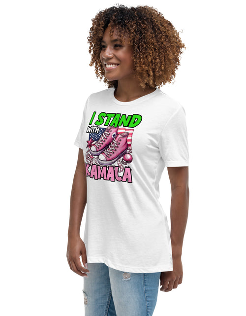 Load image into Gallery viewer, I&#39;m with Kamala - Pink and Green Women&#39;s Relaxed T-Shirt
