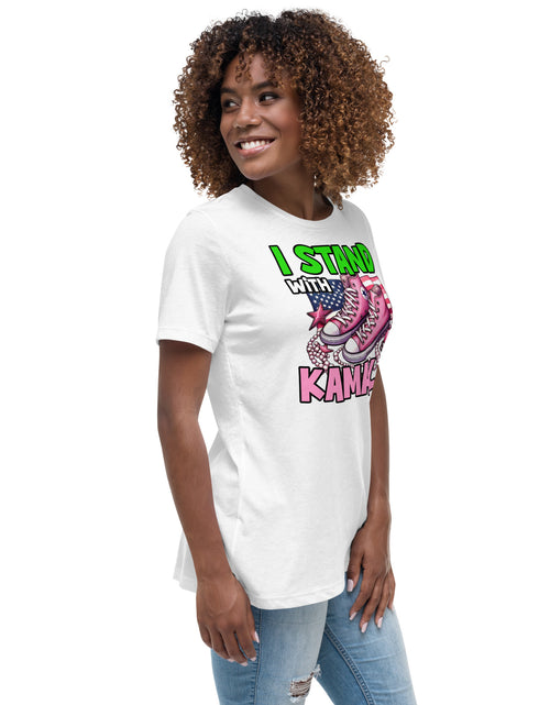 Load image into Gallery viewer, I&#39;m with Kamala - Pink and Green Women&#39;s Relaxed T-Shirt
