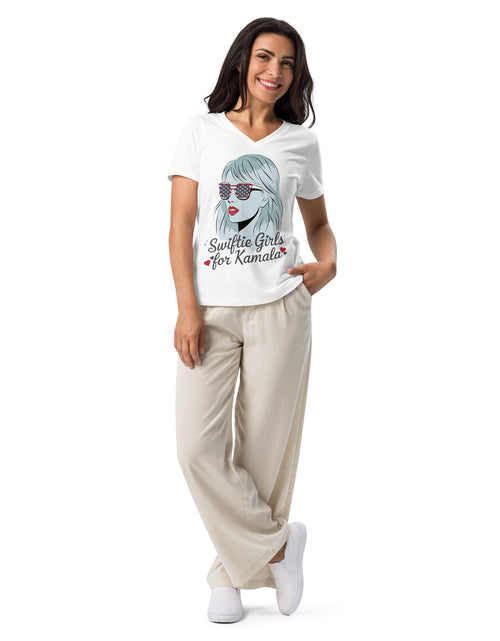 Load image into Gallery viewer, Swifties for Kamala Harris Tshirt Women’s relaxed v-neck t-shirt
