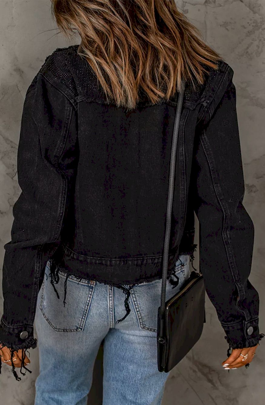 Black Frayed Trim Button Down Denim Jacket