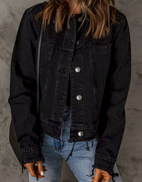 Load image into Gallery viewer, Black Frayed Trim Button Down Denim Jacket
