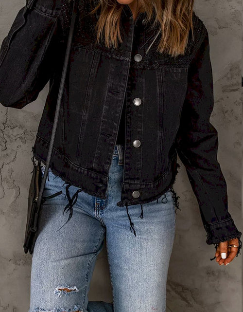 Load image into Gallery viewer, Black Frayed Trim Button Down Denim Jacket
