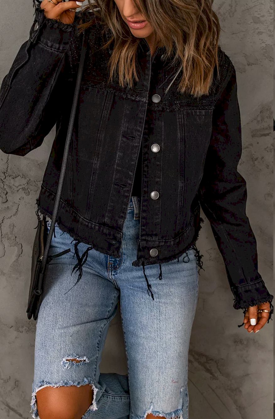 Black Frayed Trim Button Down Denim Jacket