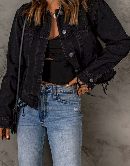 Load image into Gallery viewer, Black Frayed Trim Button Down Denim Jacket
