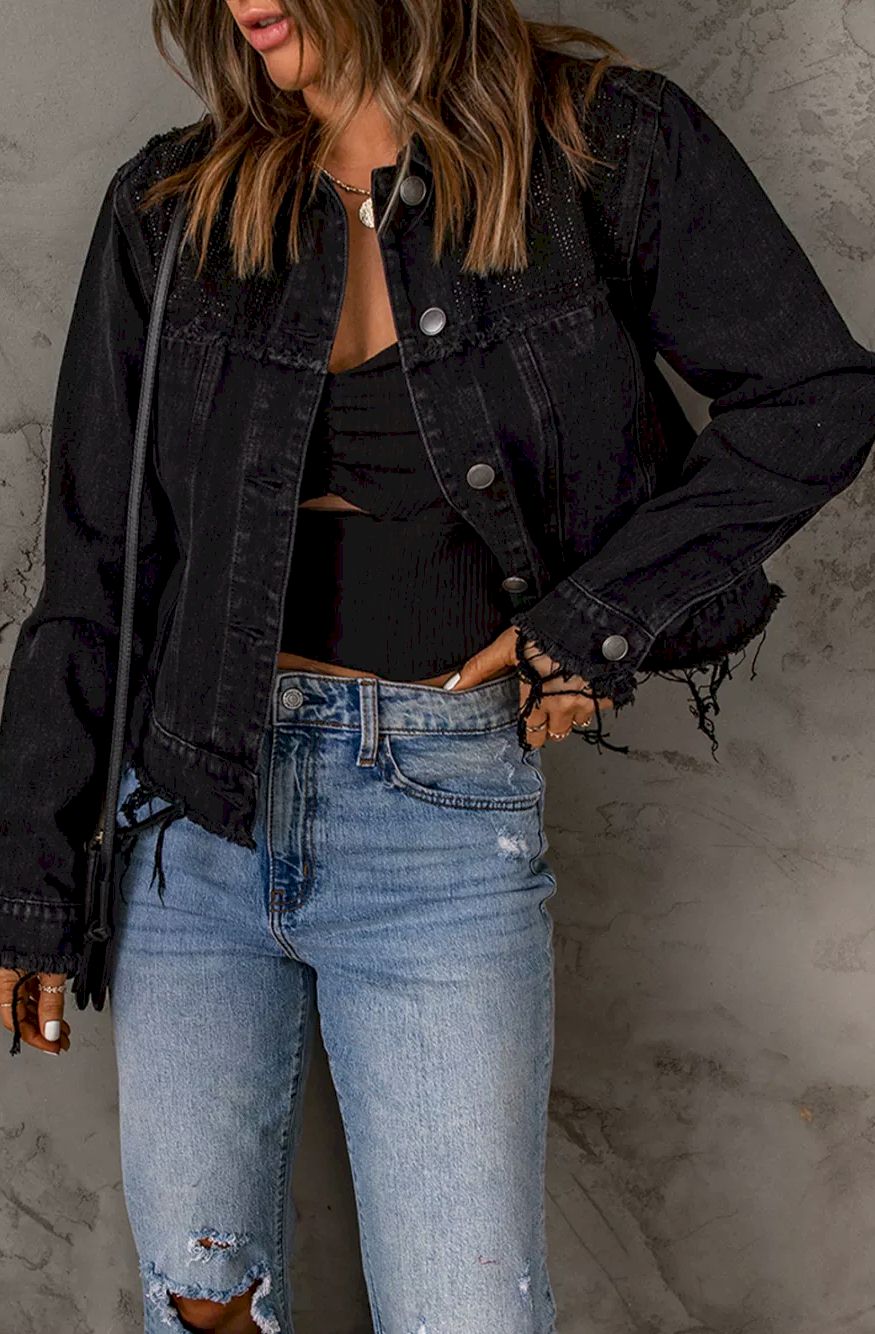 Black Frayed Trim Button Down Denim Jacket