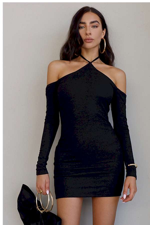 Black Halter Neck Off Shoulder Bodycon Mini Dress