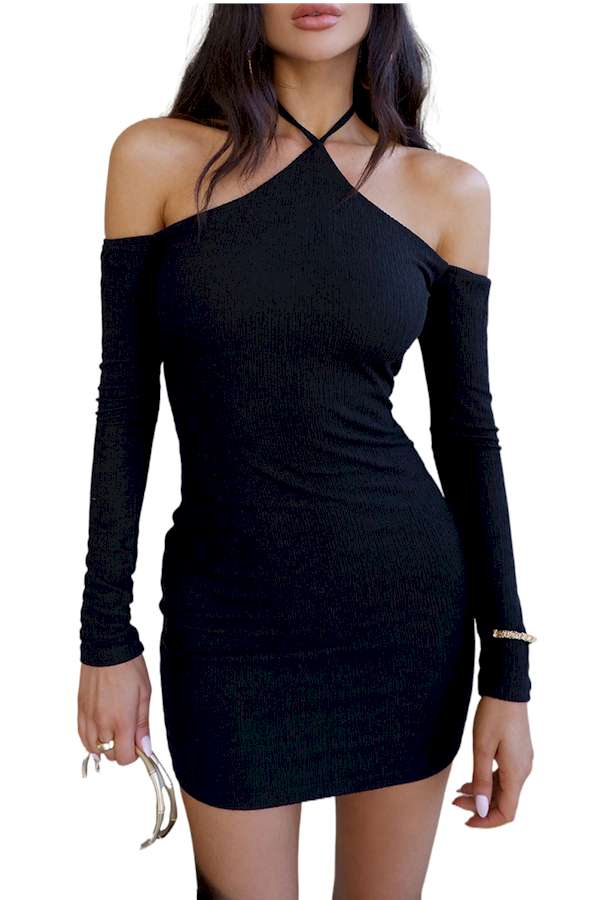 Black Halter Neck Off Shoulder Bodycon Mini Dress