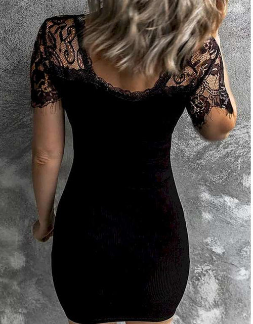 Load image into Gallery viewer, Black Lace Sleeve Ribbed Bodycon Mini Dress
