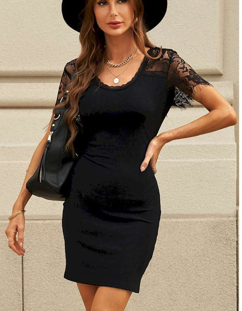 Load image into Gallery viewer, Black Lace Sleeve Ribbed Bodycon Mini Dress
