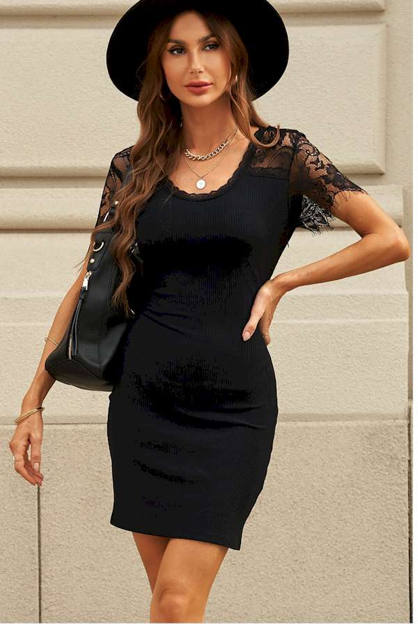 Black Lace Sleeve Ribbed Bodycon Mini Dress