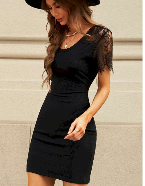 Load image into Gallery viewer, Black Lace Sleeve Ribbed Bodycon Mini Dress
