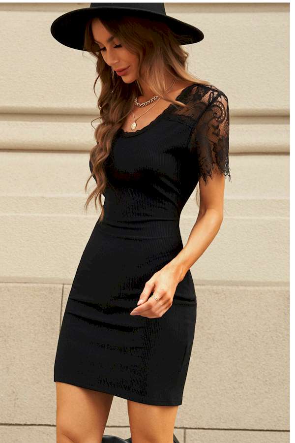 Black Lace Sleeve Ribbed Bodycon Mini Dress