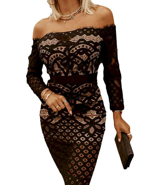 Load image into Gallery viewer, Black Off Shoulder Lace Bodycon Mini Dress
