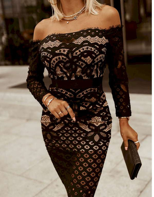 Load image into Gallery viewer, Black Off Shoulder Lace Bodycon Mini Dress
