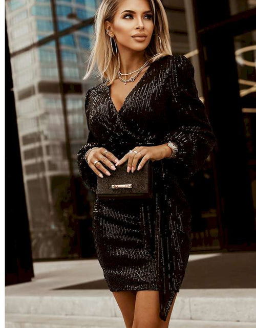 Load image into Gallery viewer, Glamour Unleashed: Sequin-Draped Bodycon Mini with Dazzling V Neck
