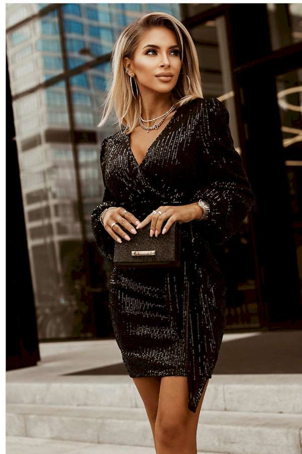 Glamour Unleashed: Sequin-Draped Bodycon Mini with Dazzling V Neck