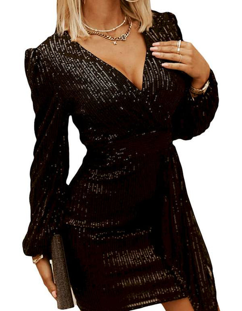 Load image into Gallery viewer, Glamour Unleashed: Sequin-Draped Bodycon Mini with Dazzling V Neck
