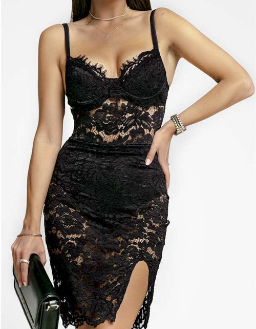 Load image into Gallery viewer, Black Spaghetti Strap Lace Bodycon Mini Dress with Slit
