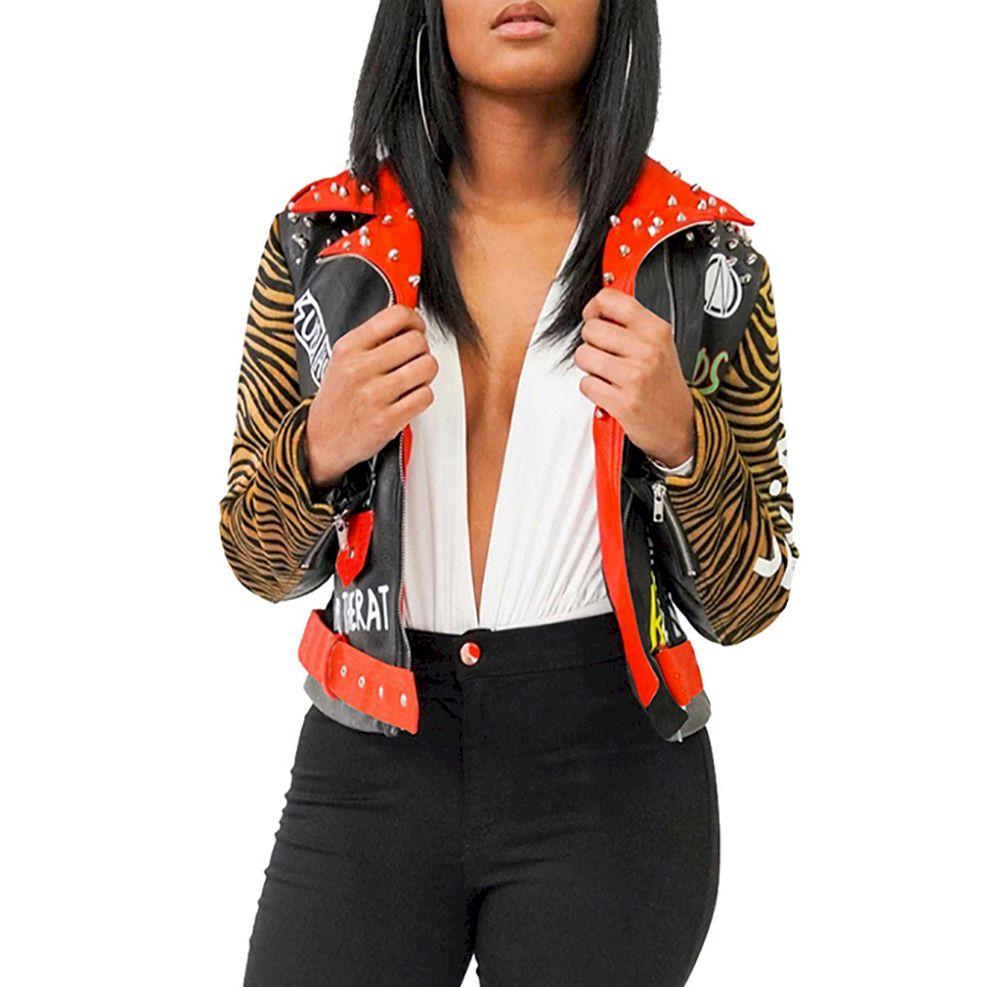 Studded Printed Lapel Fashionable Zipper PU Leather Short Jacket