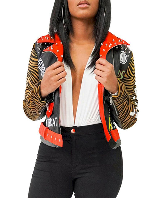 Load image into Gallery viewer, Printed Lapel Fashionable Zipper PU Leather Short Jacket
